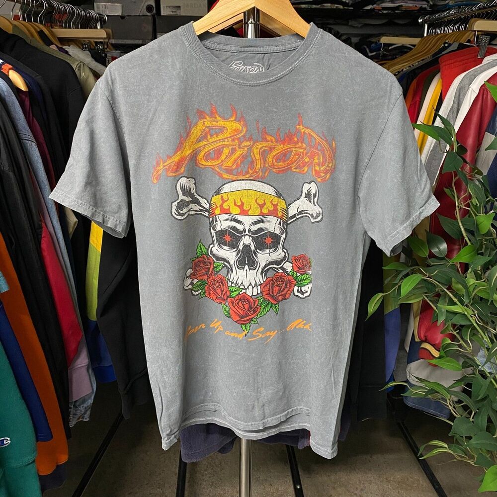2023 Poison Open Up and Say Ahh! Acid Wash Band T-Shirt Skull Roses Men's Medium